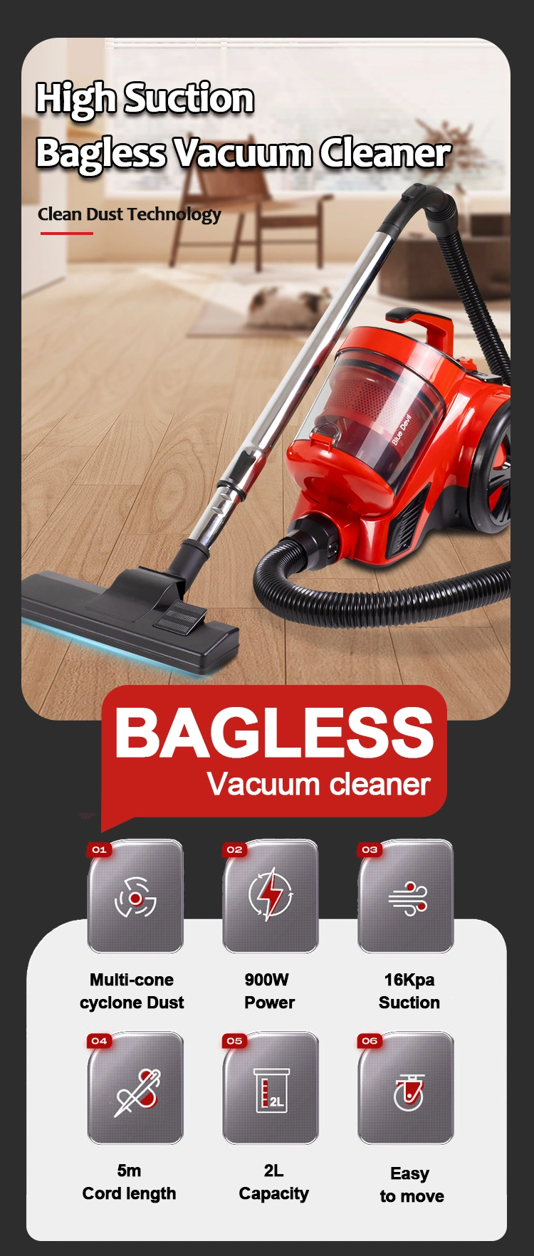 2000W Motor Bagless Vacuum Cleaner Home Use Cyclone Canister Corded Carpet Cleaner 5 Meter Wired Canister Vacuum Cleaner